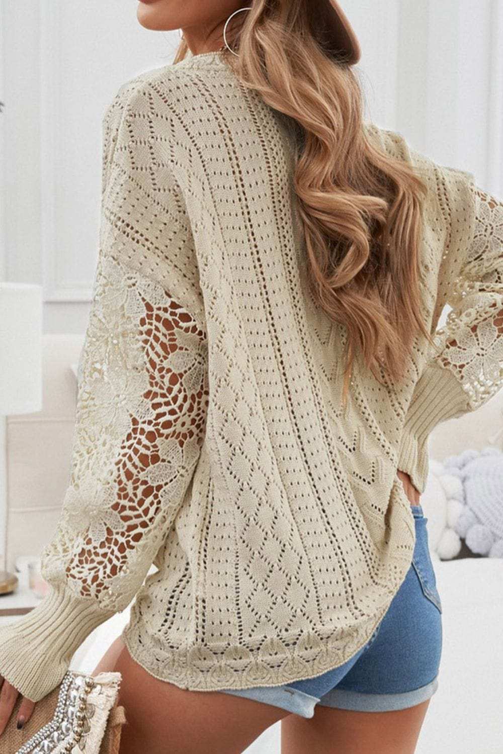Openwork Round Neck Long Sleeve Sweater - Trendsi - Flyclothing LLC