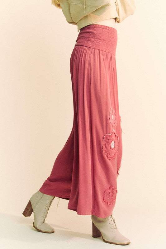 Davi & Dani Smocked Waist Flower Patch Wide Leg Pants - Trendsi - Flyclothing LLC