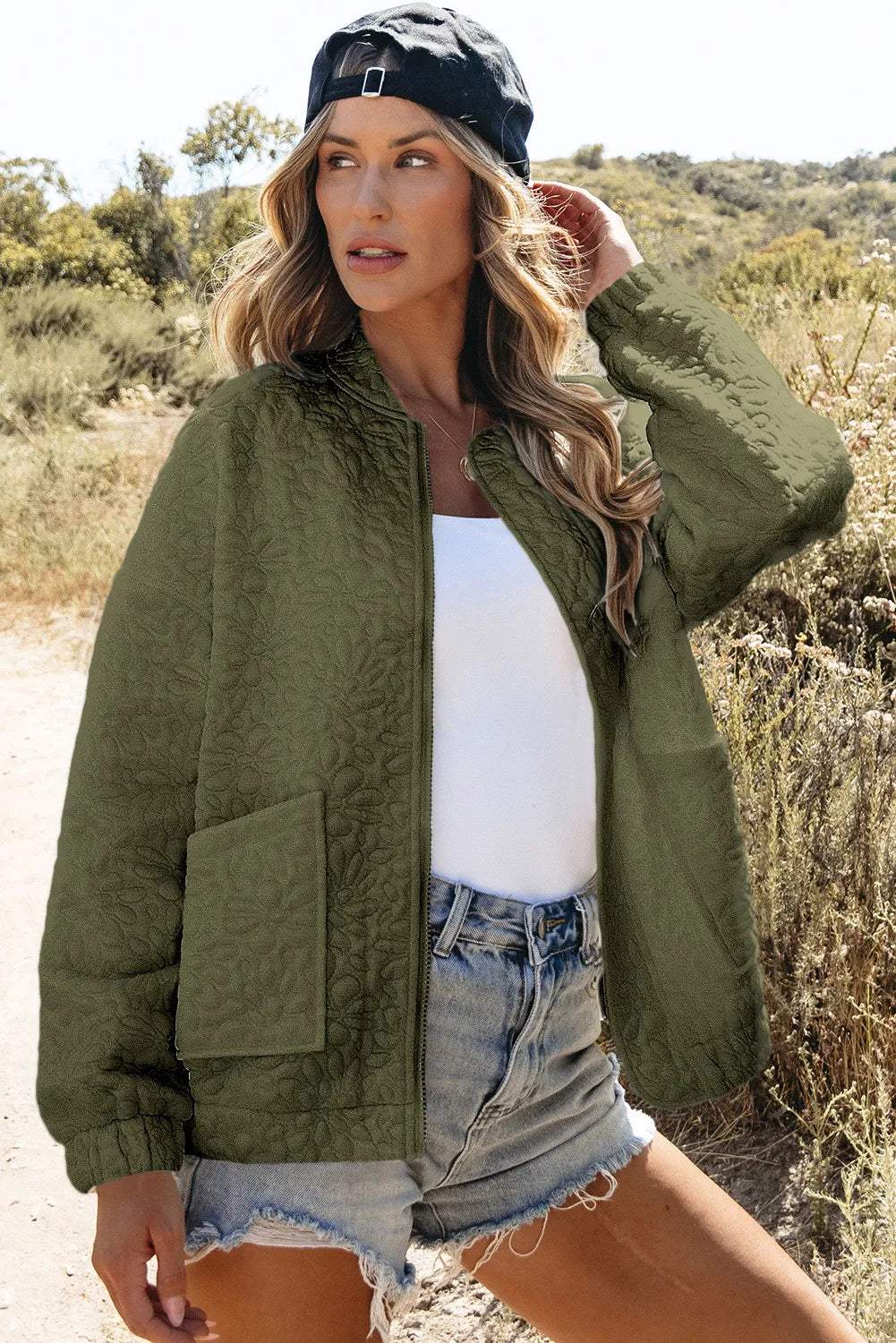 Baseball Collar Floral Quilted Jacket - Trendsi - Flyclothing LLC