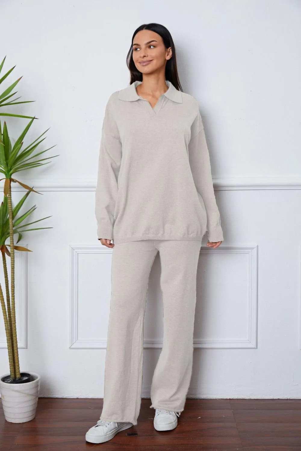 Dropped Shoulder Sweater and Long Pants Set - Trendsi - Flyclothing LLC