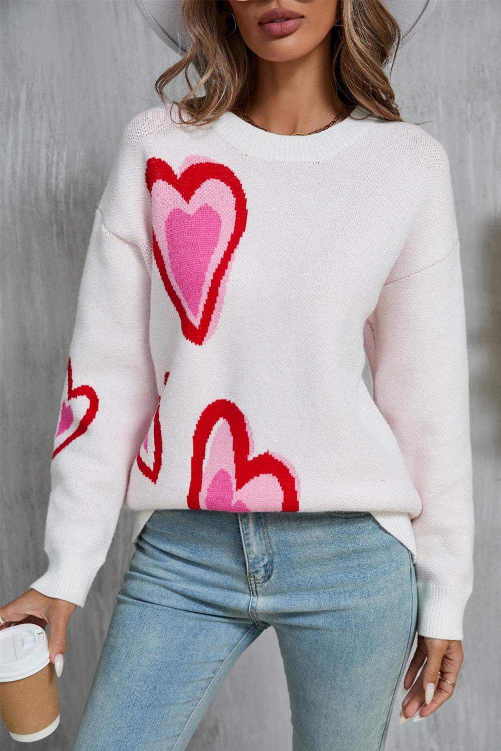 Angel Wings Heart Round Neck Long Sleeve Sweater - Trendsi - Flyclothing LLC