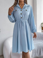 Collared Neck Long Sleeve Dress with Pockets - Trendsi