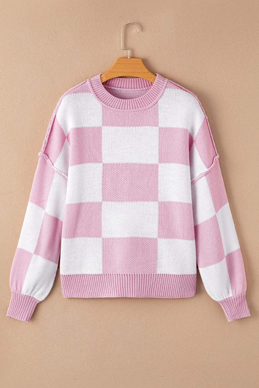 Checkered Exposed Seam Drooped Shoulder Sweater - Trendsi - Flyclothing LLC