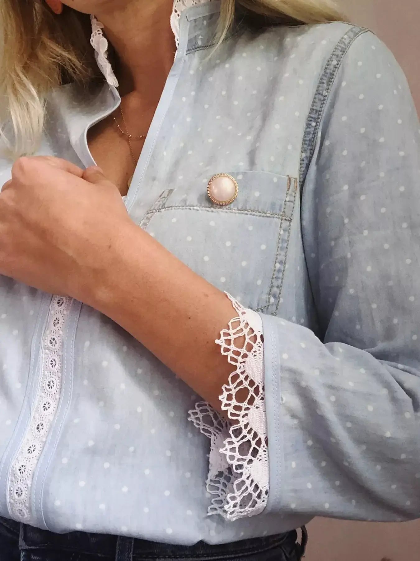 Lace Trim Patchwork Dotted Print Collared Blouse - Trendsi - Flyclothing LLC