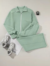 Drop Shoulder Zip Up Jacket and Drawstring Pants Active 2pcs Set - Trendsi - Flyclothing LLC