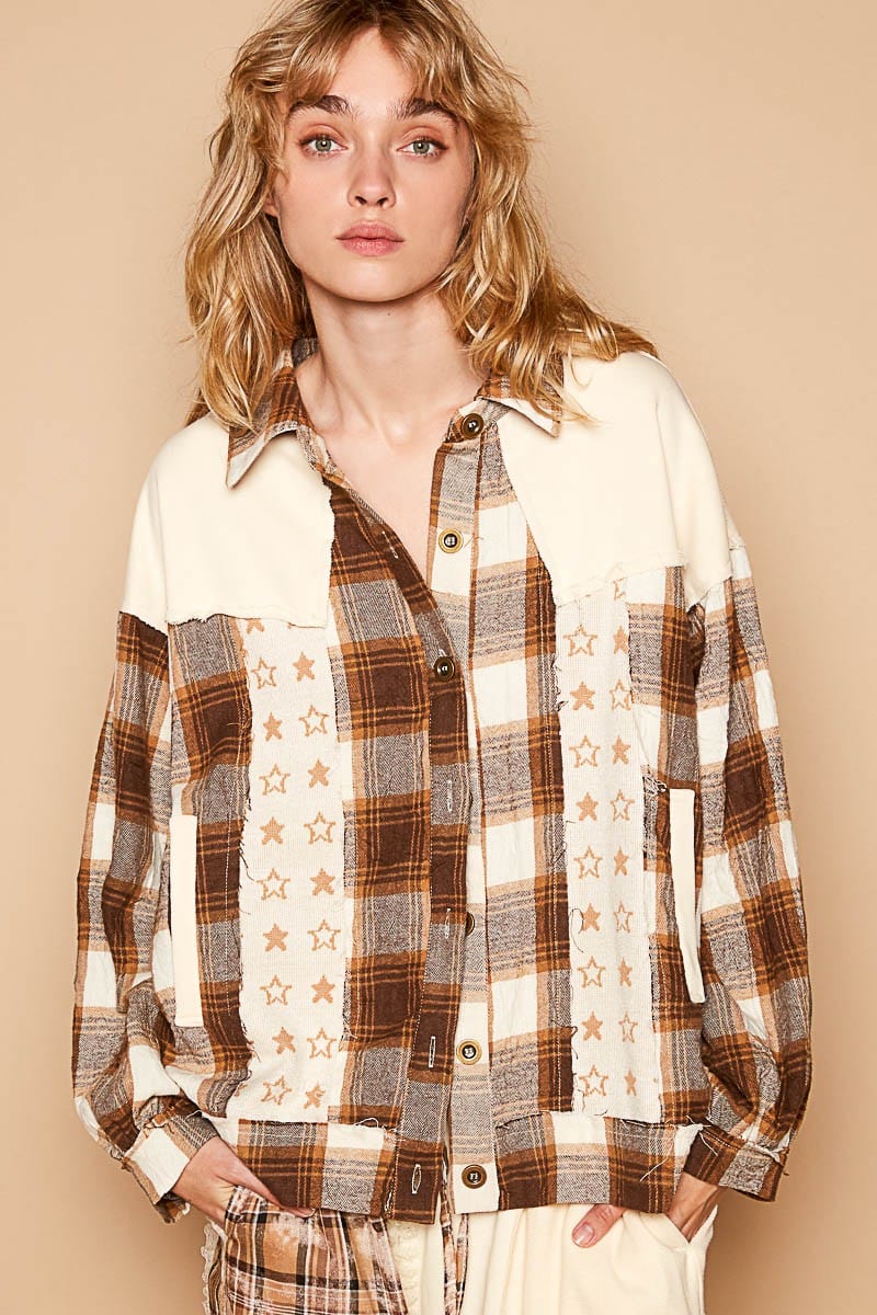 POL Plaid & Star Patchwork Contrast Long Sleeve Shacket - Trendsi