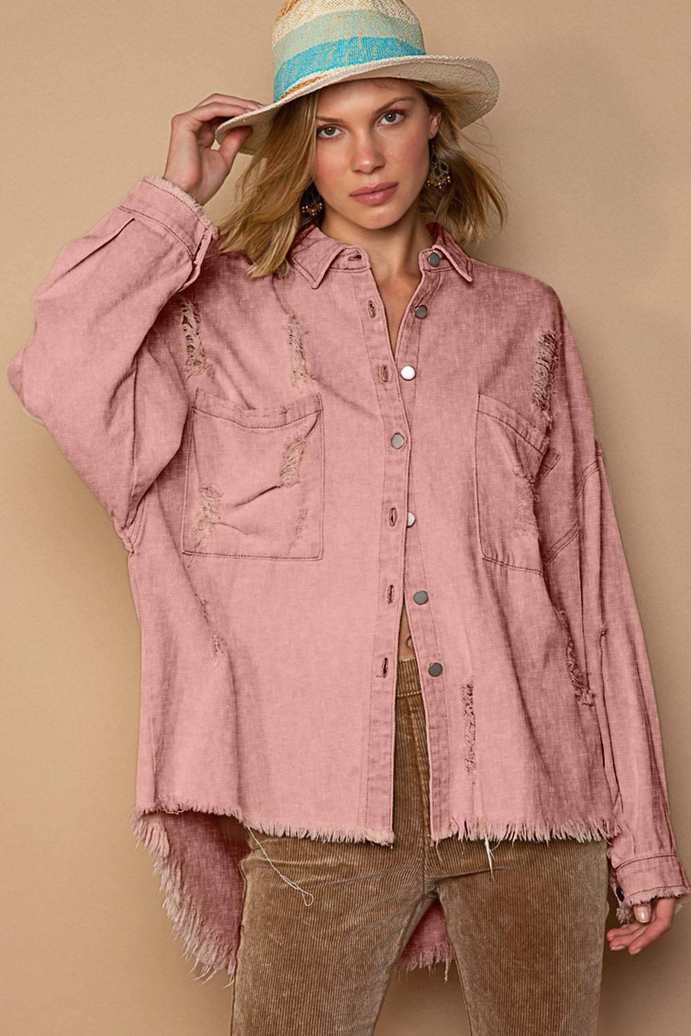 POL Button Down Raw Hem Distressed Shacket - Trendsi - Flyclothing LLC