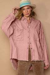 POL Button Down Raw Hem Distressed Shacket - Trendsi - Flyclothing LLC