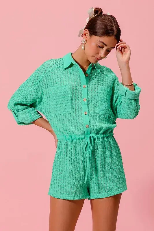 SO ME Textured Knit Button Front Romper - Trendsi - Flyclothing LLC