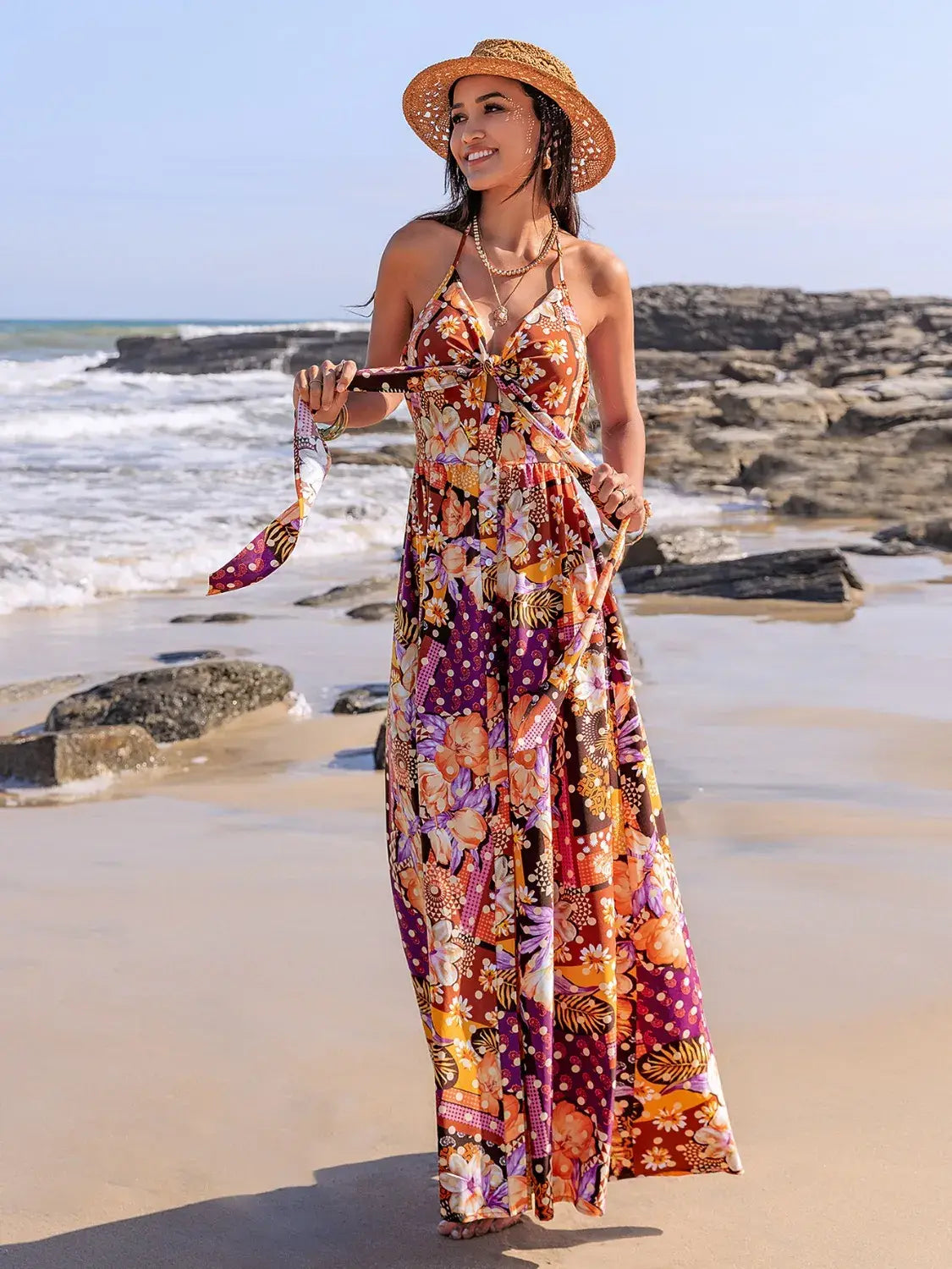 Slit Printed Halter Neck Cami Dress - Trendsi - Flyclothing LLC
