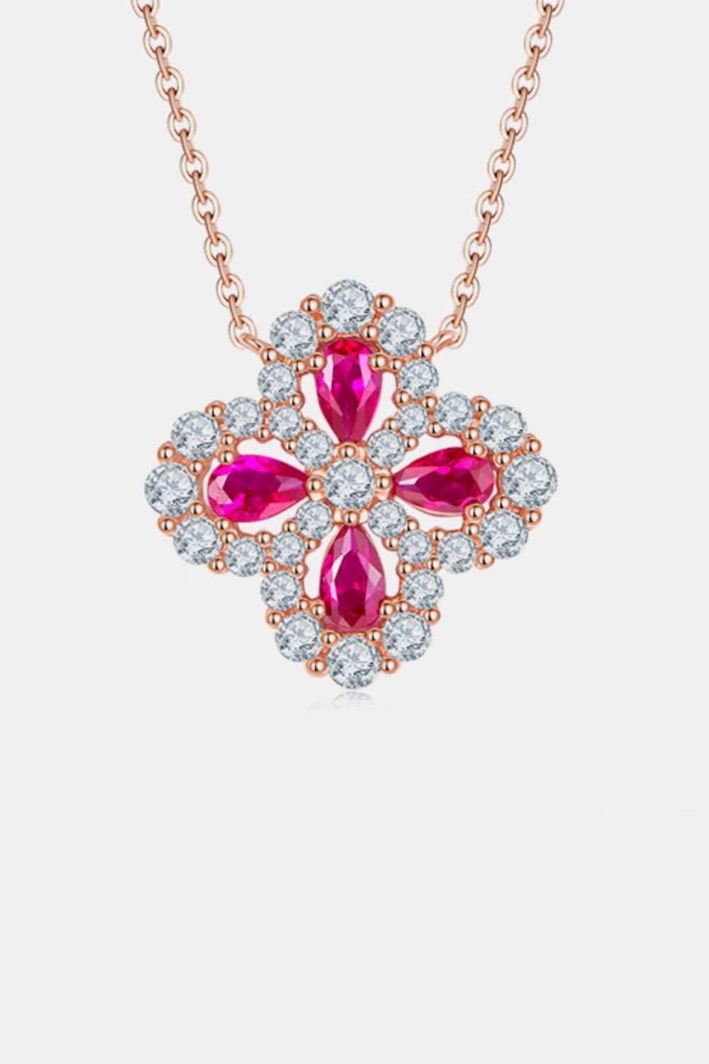925 Sterling Silver Lab-Grown Ruby Flower Shape Necklace - Trendsi