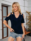 Textured V-Neck Cold Shoulder Top - Trendsi - Flyclothing LLC