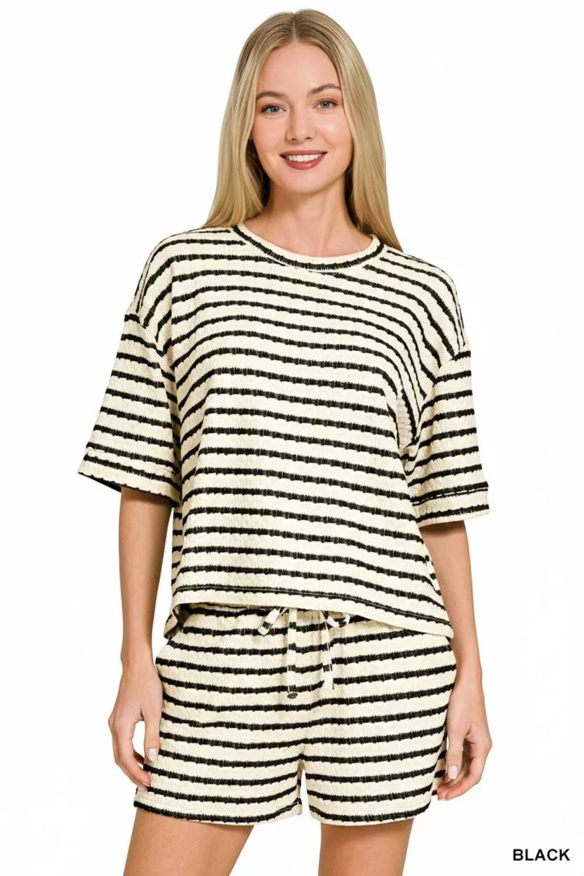 Zenana Striped Short Sleeve Tee & Shorts Set - Trendsi - Flyclothing LLC
