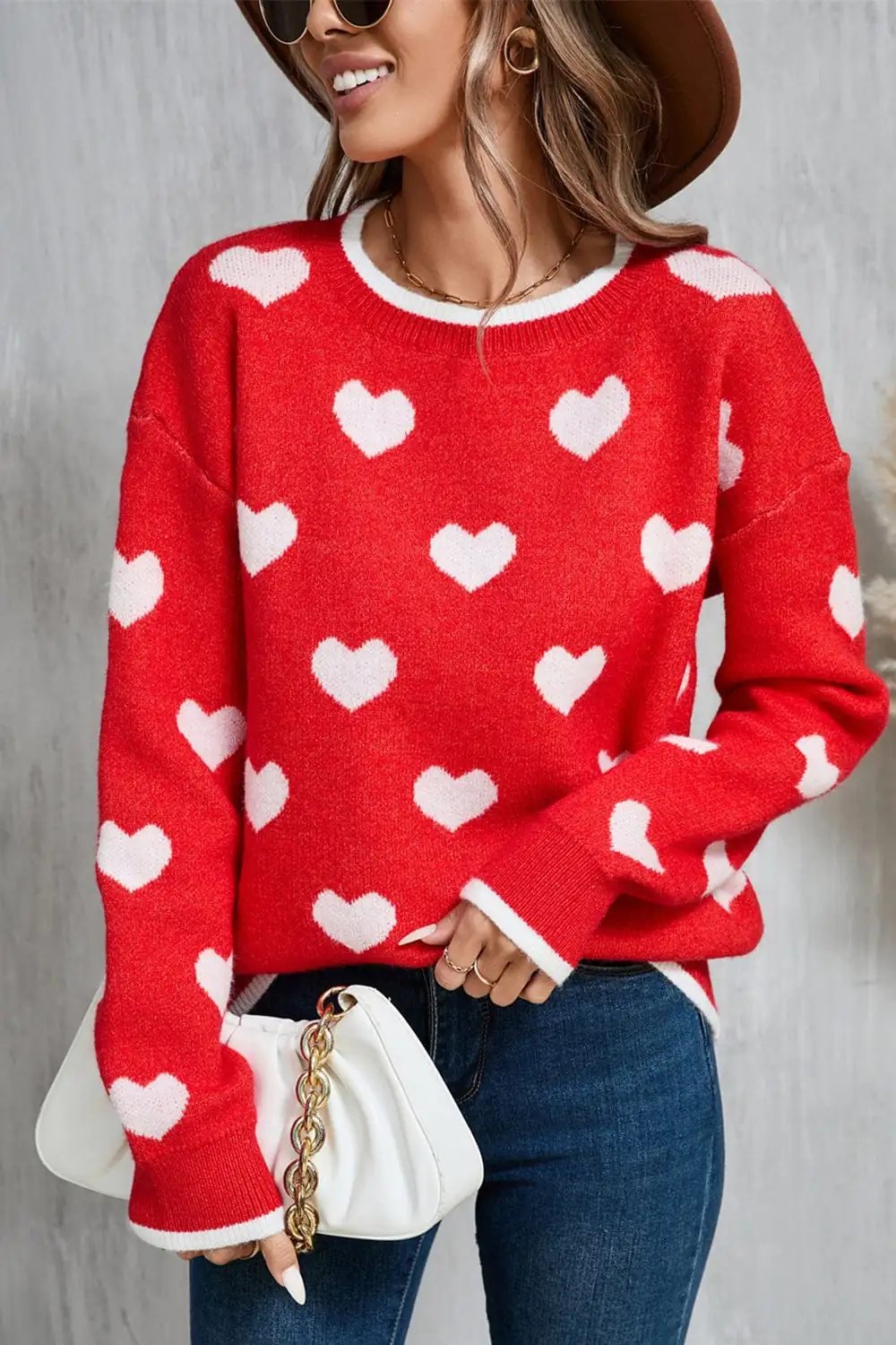 Angel Wings Contrast Trim Heart Round Neck Sweater - Trendsi