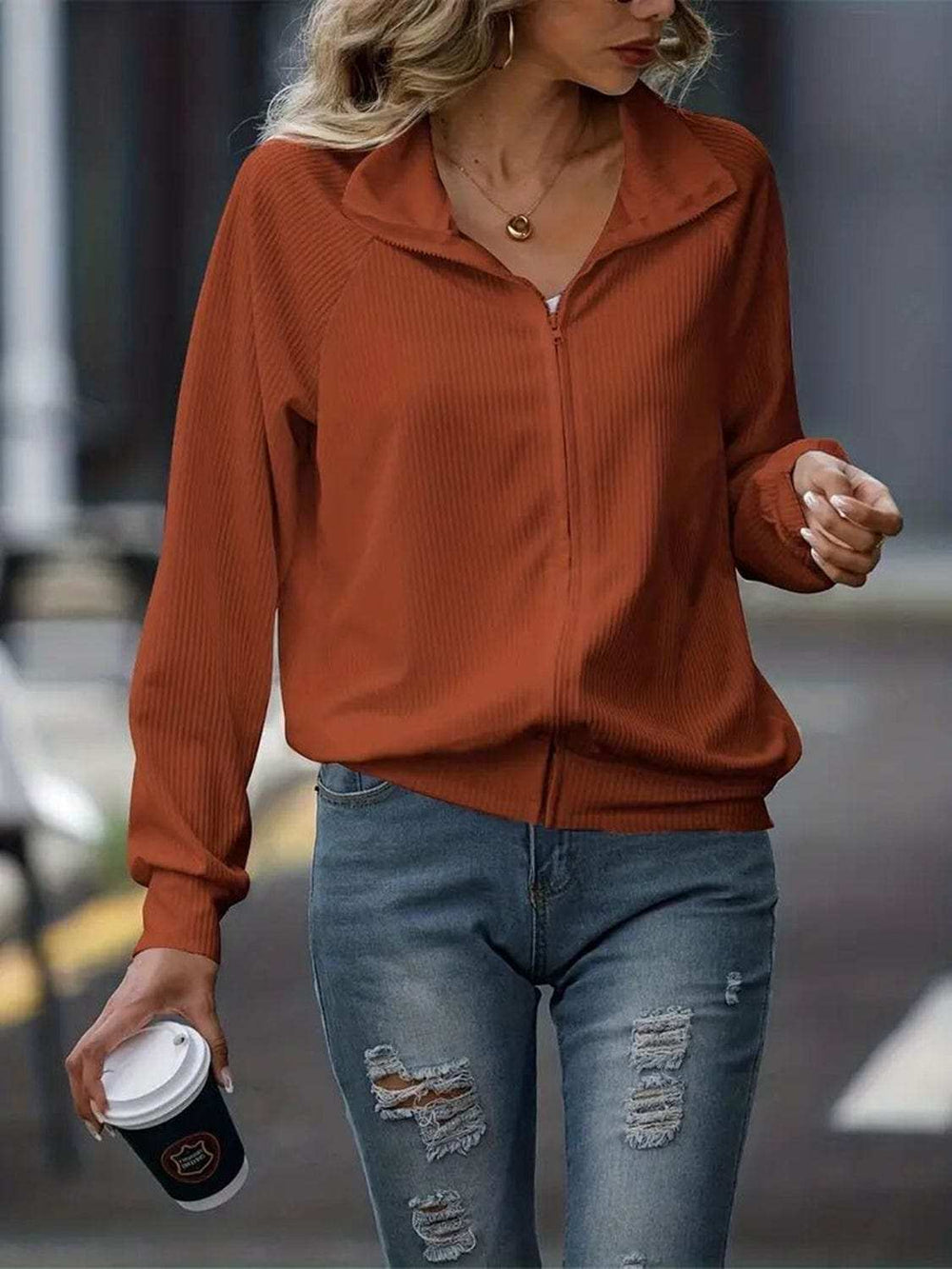 Zip Up Collared Neck Raglan Sleeve Jacket - Trendsi - Flyclothing LLC