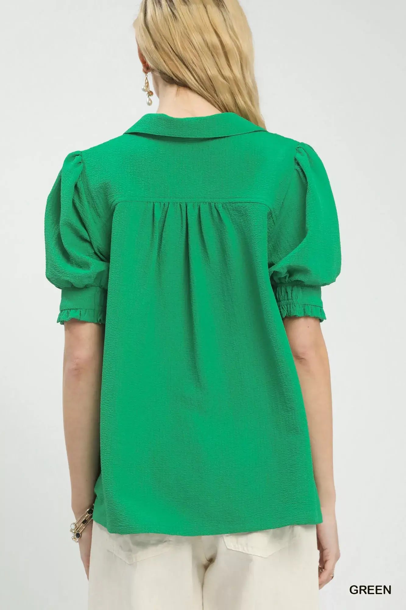 Umgee Seersucker Puff Sleeve Blouse - Trendsi - Flyclothing LLC