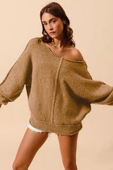 SO ME Loose Fit Exposed Seam Slouchy Boucle Sweater - Trendsi - Flyclothing LLC