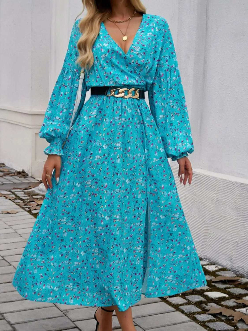 Split Printed Surplice Long Sleeve Midi Dress - Trendsi - Flyclothing LLC