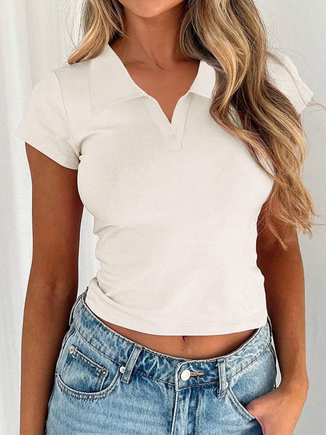 Devine Johnny Collar Short Sleeve T-Shirt - Trendsi - Flyclothing LLC