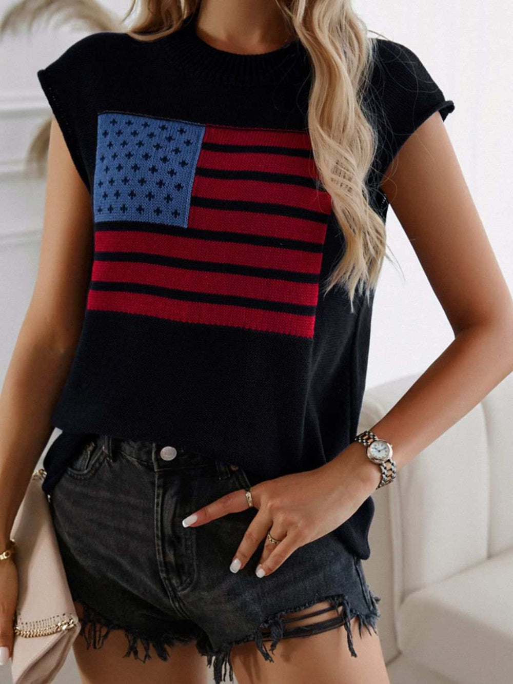 Devine US Flag Round Neck Sweater Vest - Trendsi - Flyclothing LLC