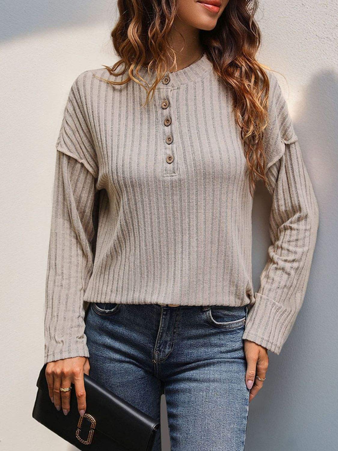 Slit Half Button Long Sleeve T-Shirt - Trendsi - Flyclothing LLC