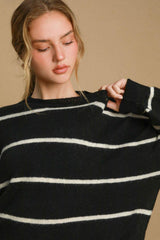 Umgee Wool Blend Striped Round Neck Sweater - Trendsi - Flyclothing LLC