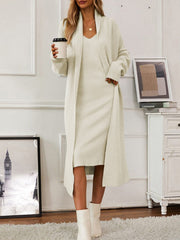 V-Neck Cami Dress and Open Front Cardigan Sweater Set - Trendsi
