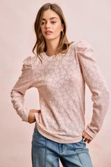 BiBi Textured Flower Knit Puff Shoulder Top - Trendsi - Flyclothing LLC
