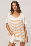 BiBi V Neck Striped Short Sleeve Top - Trendsi - Flyclothing LLC