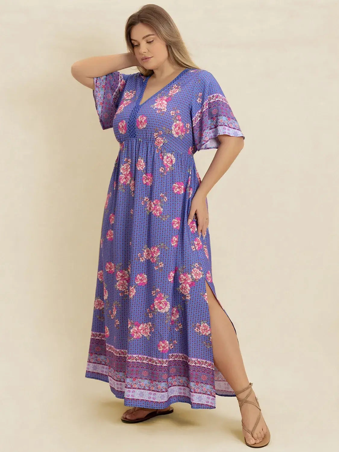 Plus Size Printed V-Neck Flutter Sleeve Dress - Trendsi - Flyclothing LLC