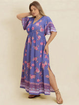 Plus Size Printed V-Neck Flutter Sleeve Dress - Trendsi - Flyclothing LLC