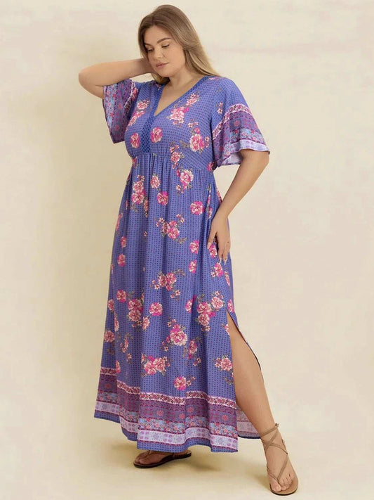Plus Size Printed V-Neck Flutter Sleeve Dress - Trendsi - Flyclothing LLC