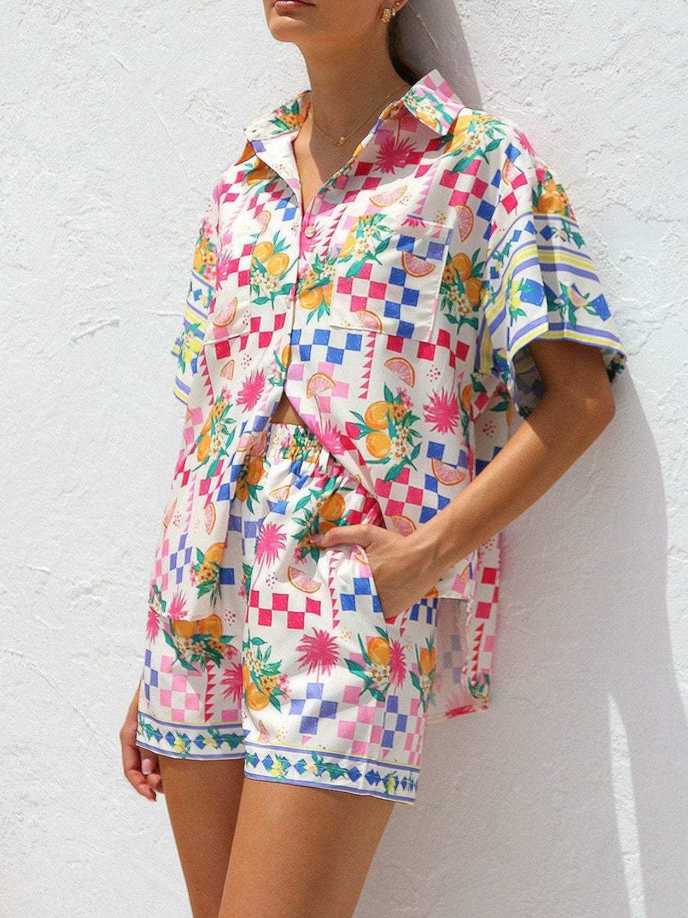 Printed Button Down Short Sleeve Top and Shorts Set - Trendsi - Flyclothing LLC