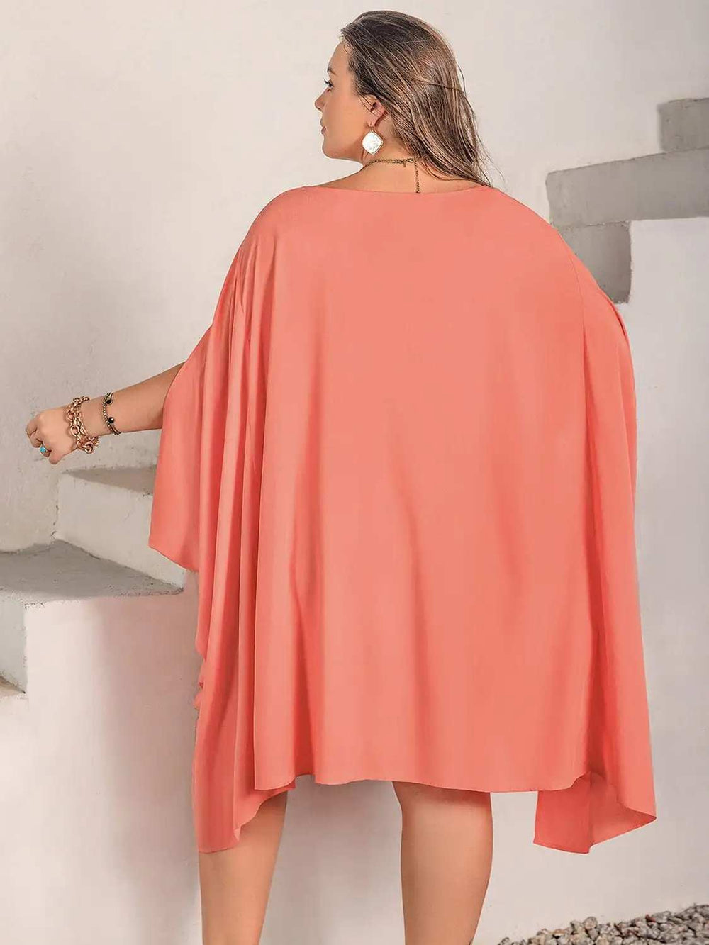 Plus Size Round Neck Batwing Sleeve Mini Dress - Trendsi - Flyclothing LLC