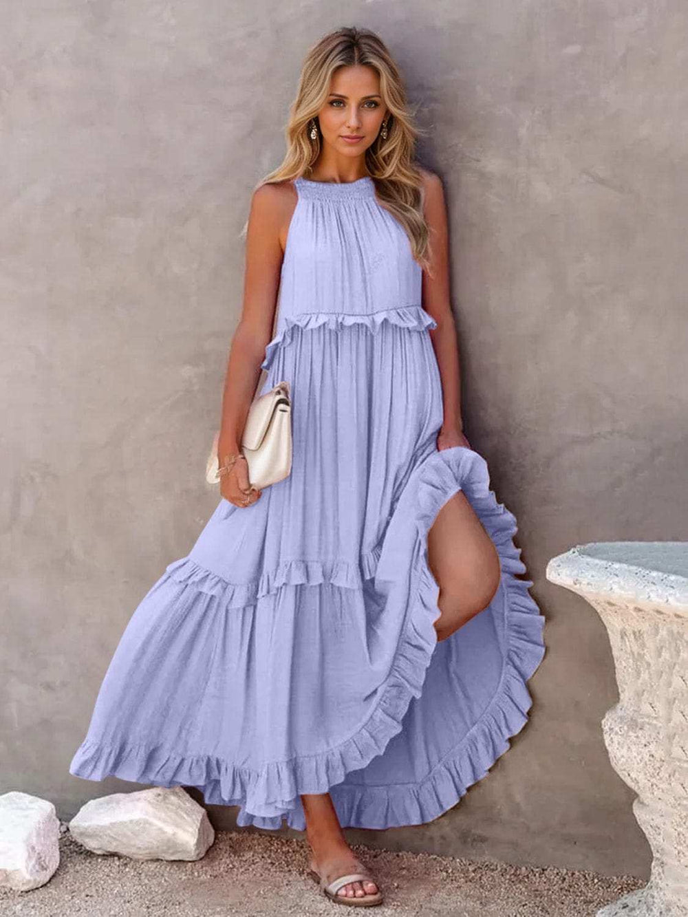 Ruffled Sleeveless Tiered Maxi Dress with Pockets - Trendsi - Flyclothing LLC