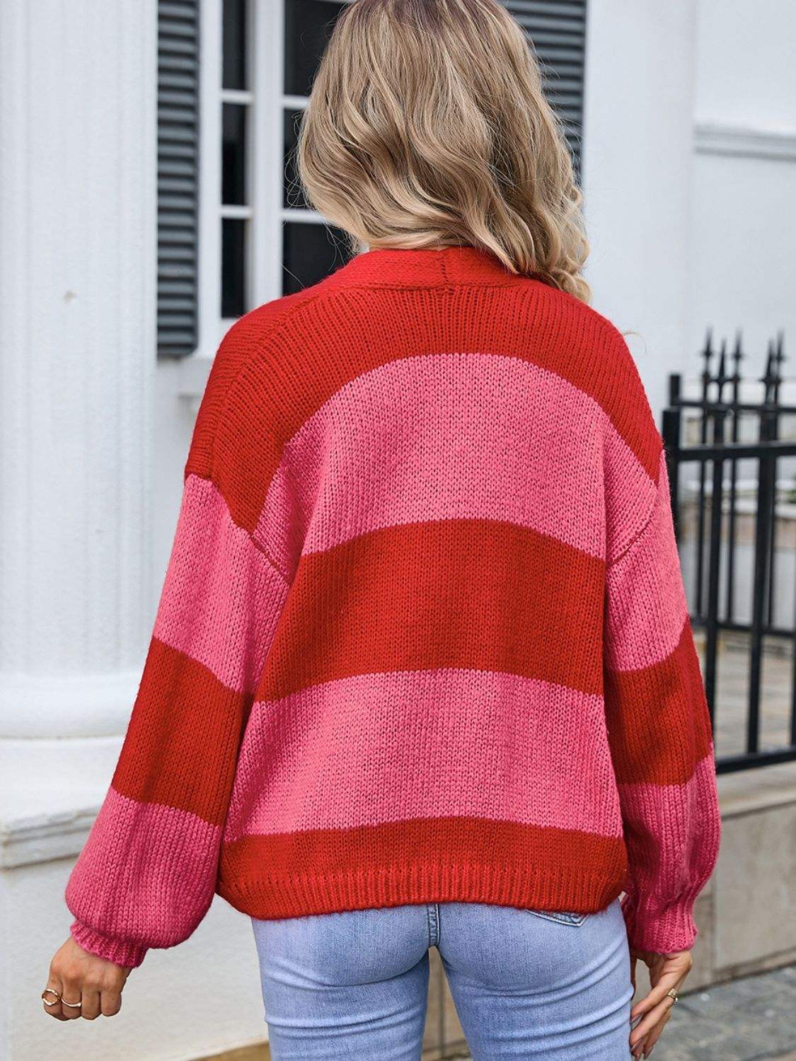 Striped Open Front Dropped Shoulder Cardigan - Trendsi - Flyclothing LLC