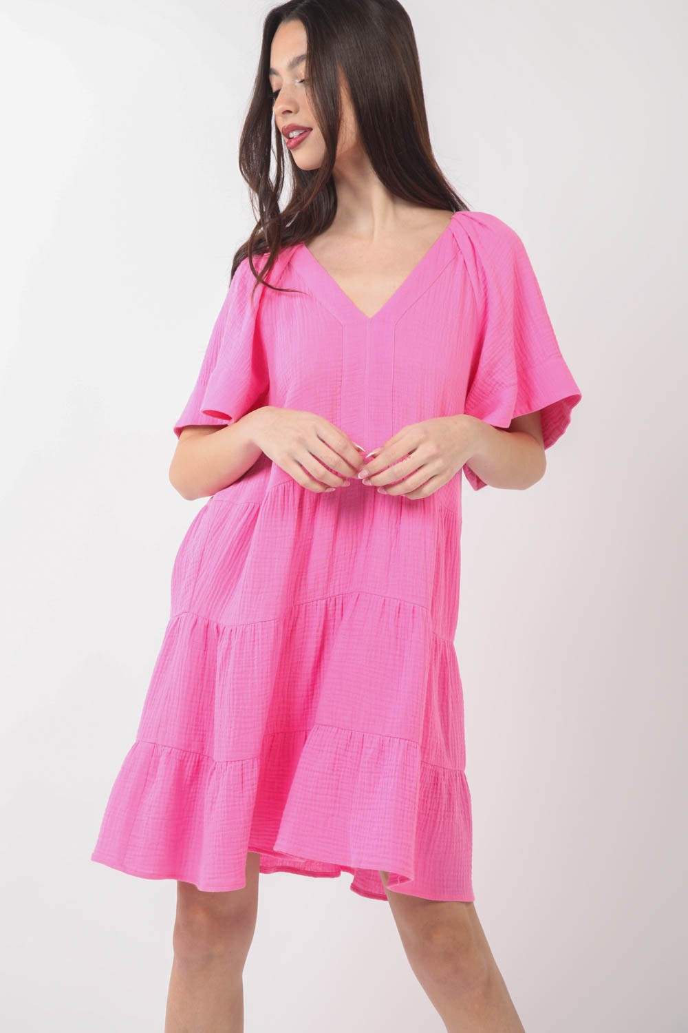 VERY J Texture V-Neck Ruffled Tiered Dress - Trendsi - Flyclothing LLC