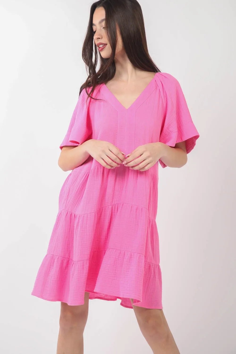 VERY J Texture V-Neck Ruffled Tiered Dress - Trendsi