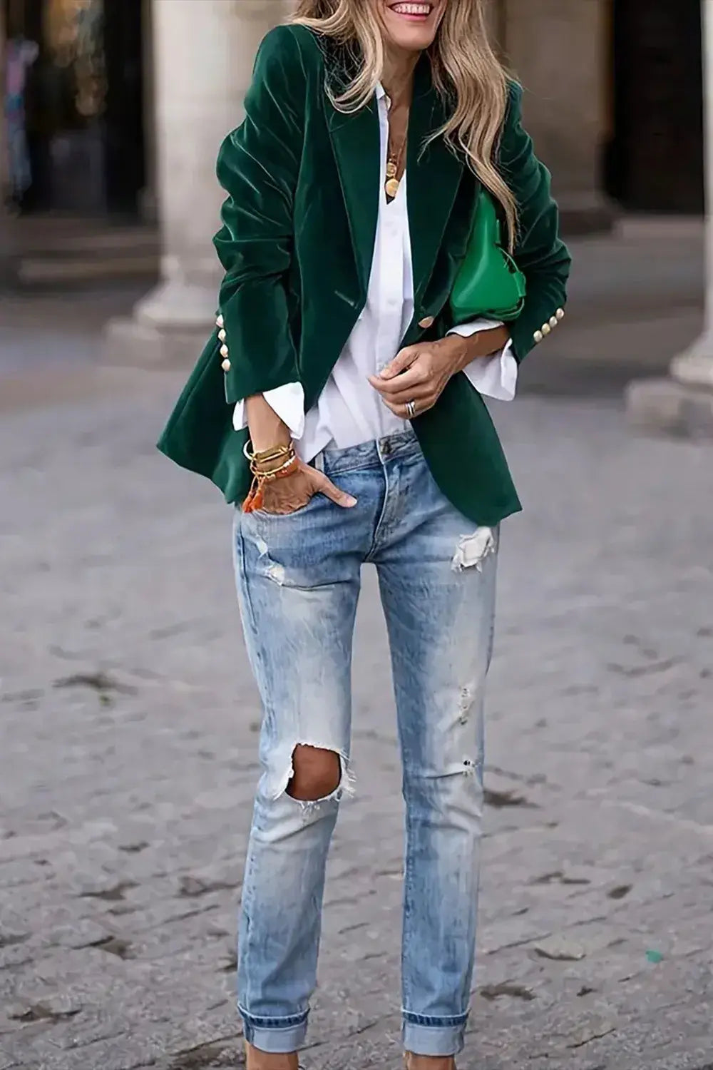 One Button Lapel Collar Long Sleeve Blazer - Trendsi - Flyclothing LLC