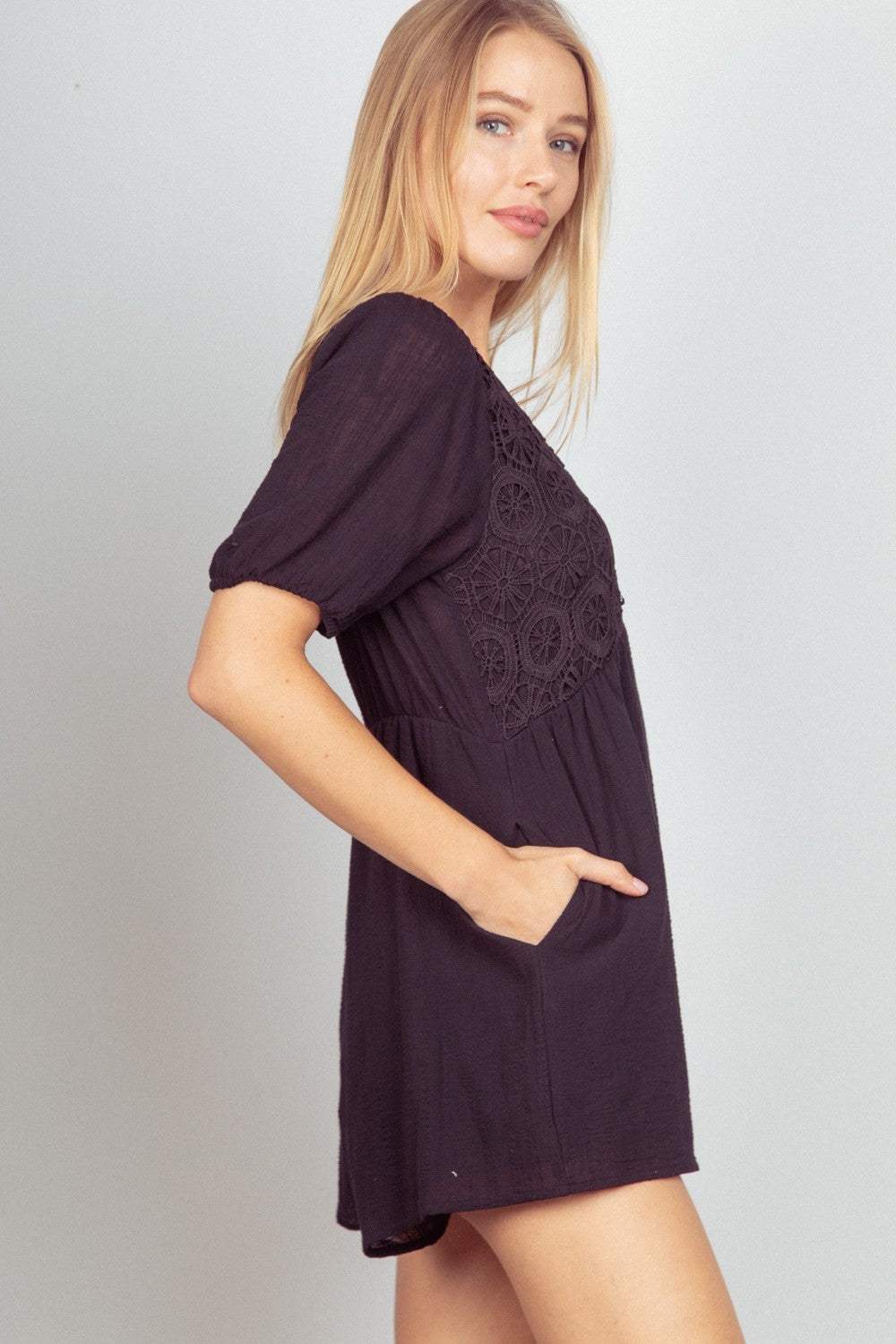 VERY J Lace Detail Puff Sleeve Romper with Pockets - Trendsi - Flyclothing LLC