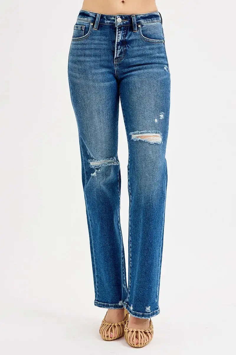 RISEN Full Size Tummy Control High Rise Straight Distressed Jeans Plus Size - Trendsi - Flyclothing LLC