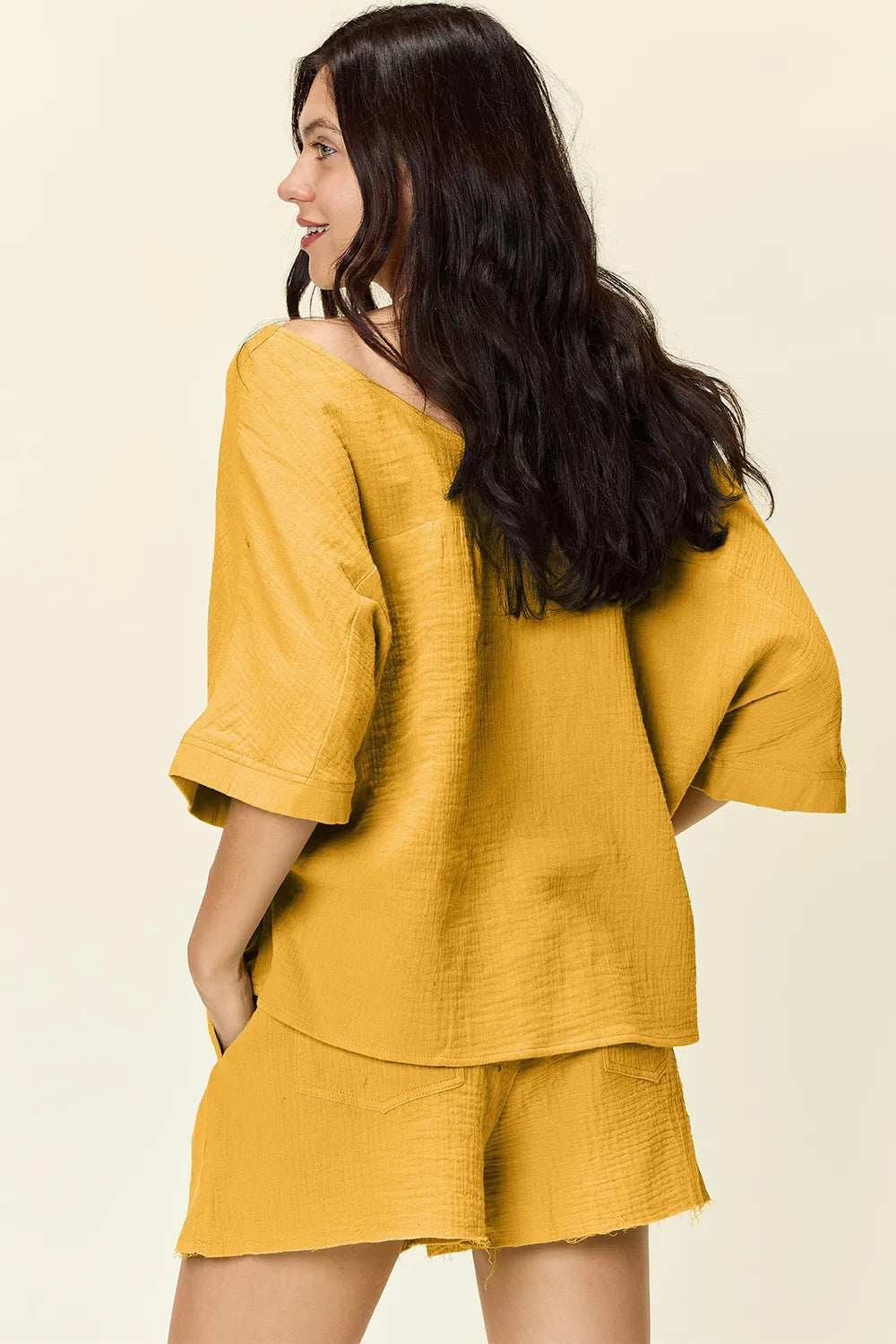 Double Take Texture Half Sleeve T-Shirt and Drawstring Shorts Set - Trendsi - Flyclothing LLC