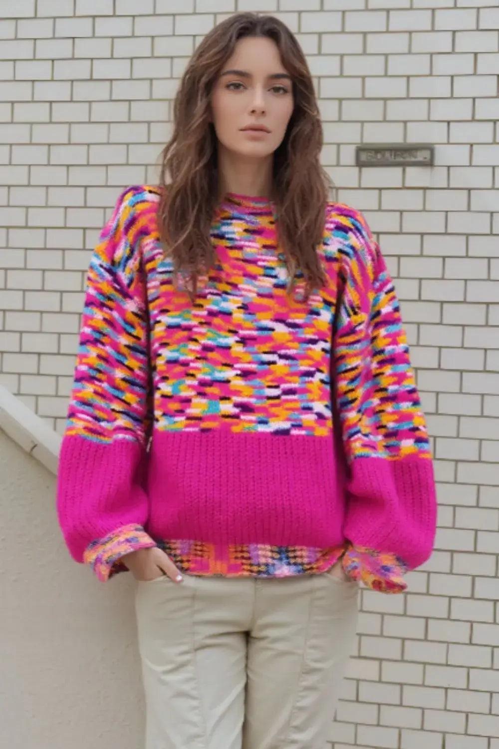 Colorful Knit Crew Neck Sweater - Trendsi - Flyclothing LLC