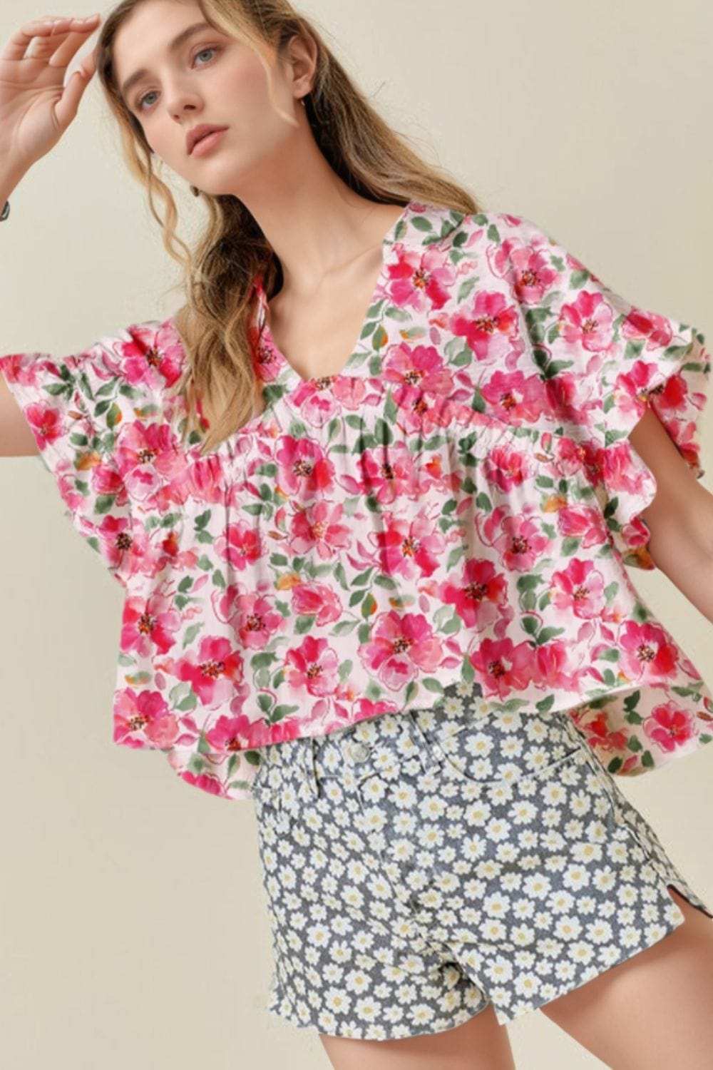 Floral Boxy Fit Ruffled Short Sleeve Blouse - Trendsi - Flyclothing LLC