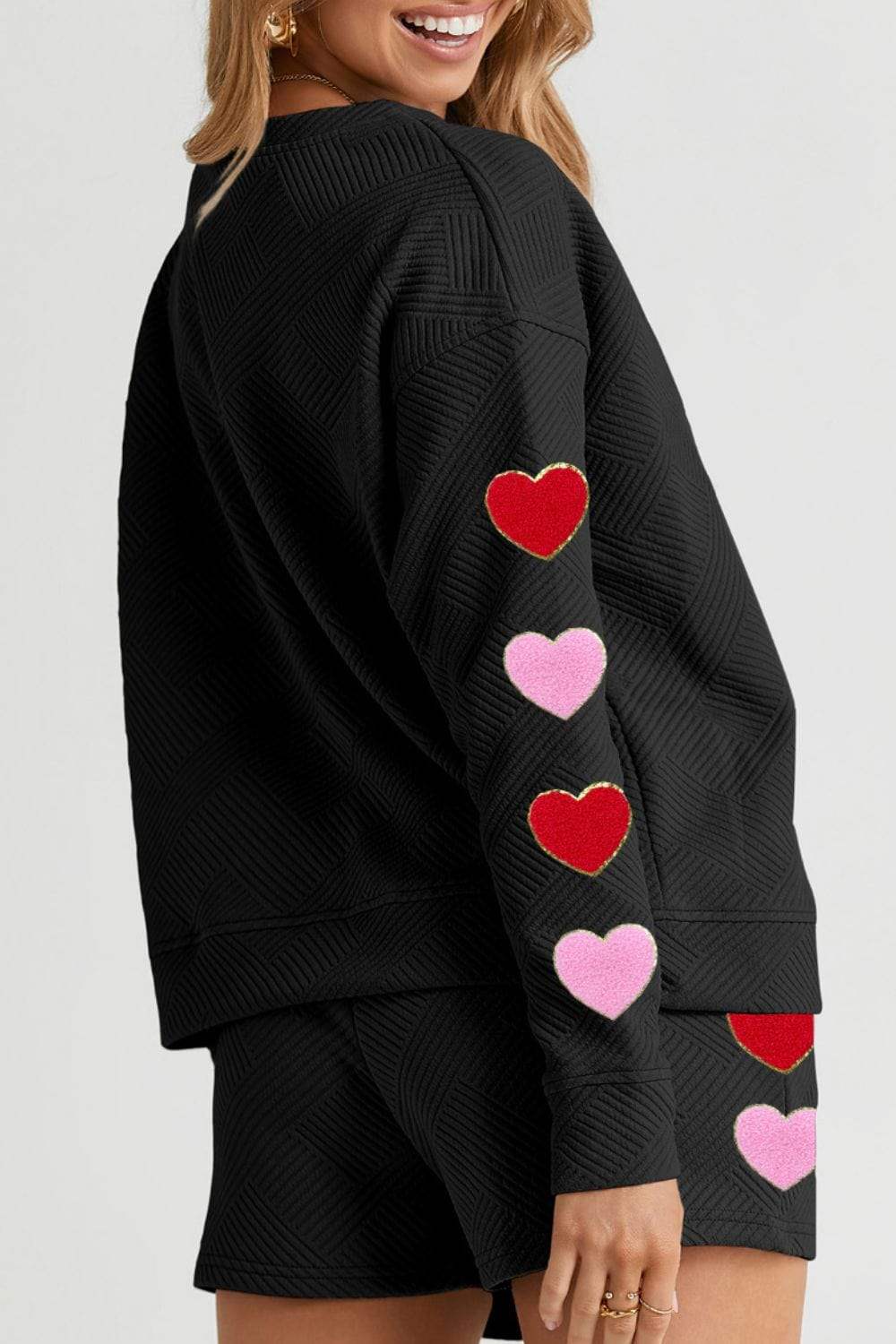 Heart Texture Round Neck Top and Drawstring Shorts Set - Trendsi - Flyclothing LLC