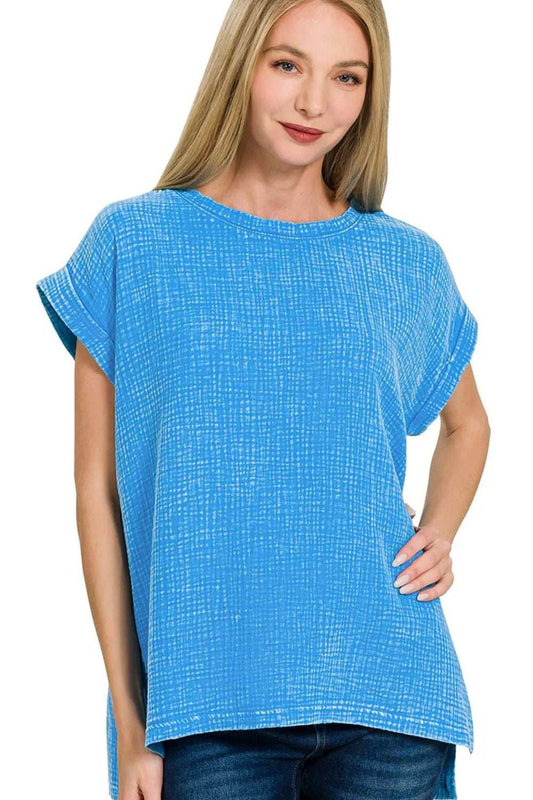 Zenana Woven Double Gauze Acid Washed Short Sleeve Top - Trendsi - Flyclothing LLC