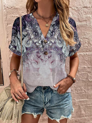 Full Size Printed Notched Short Sleeve Blouse - Trendsi