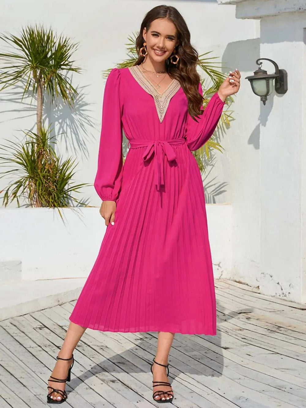 V-Neck Long Sleeve Pleated Dress - Trendsi - Flyclothing LLC