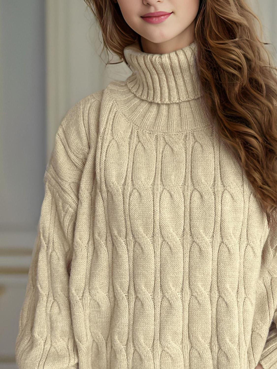 Cable-Knit Turtleneck Long Sleeve Sweater - Trendsi