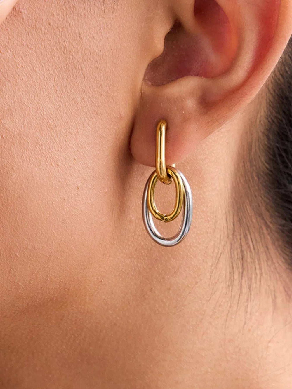 Stainless Steel Two-Tone Interlocked Hoop Earrings - Trendsi - Flyclothing LLC